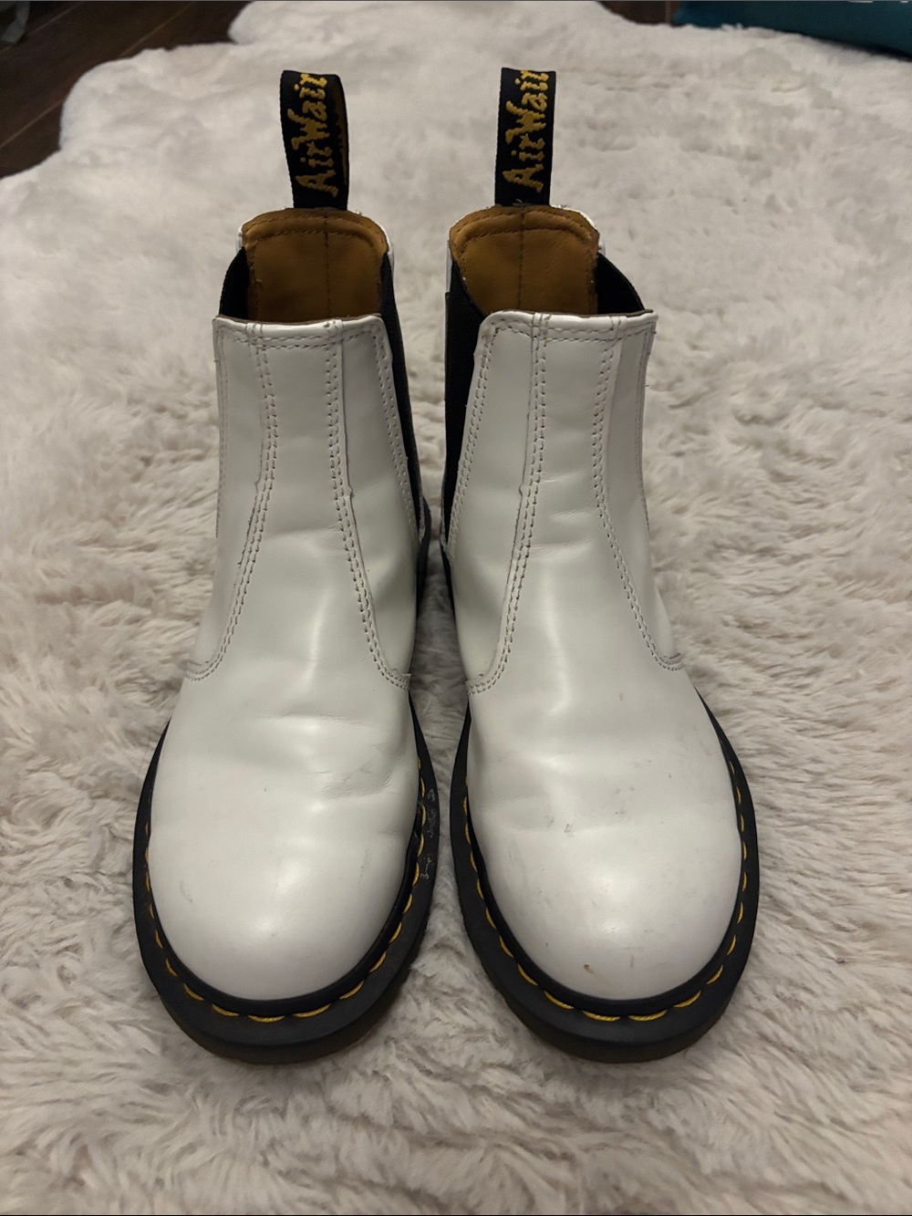 Dr. Martens White Chelsea Boots with Black Panels and Yellow Stitching 6.5